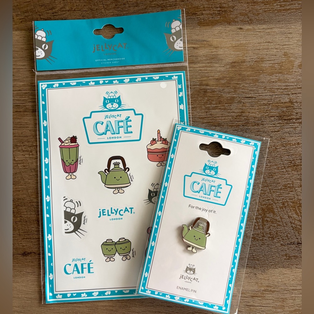 Exclusive Jellycat Shanghai Café Vividdy Teapot Enamel Pin & Sticker Set VHTF!
